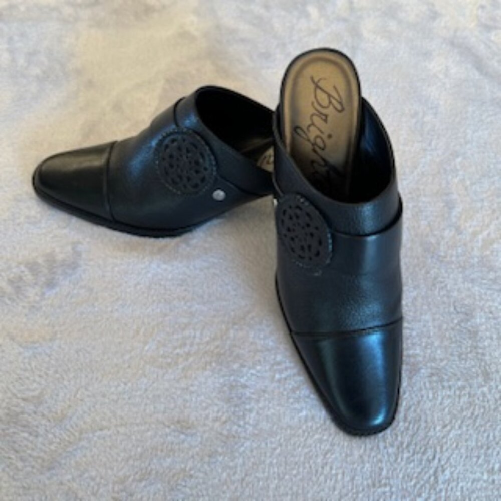 Brighton Women's Tervi Black Leather Mule 7M Cowgirl Stacked Heel Slip On Black